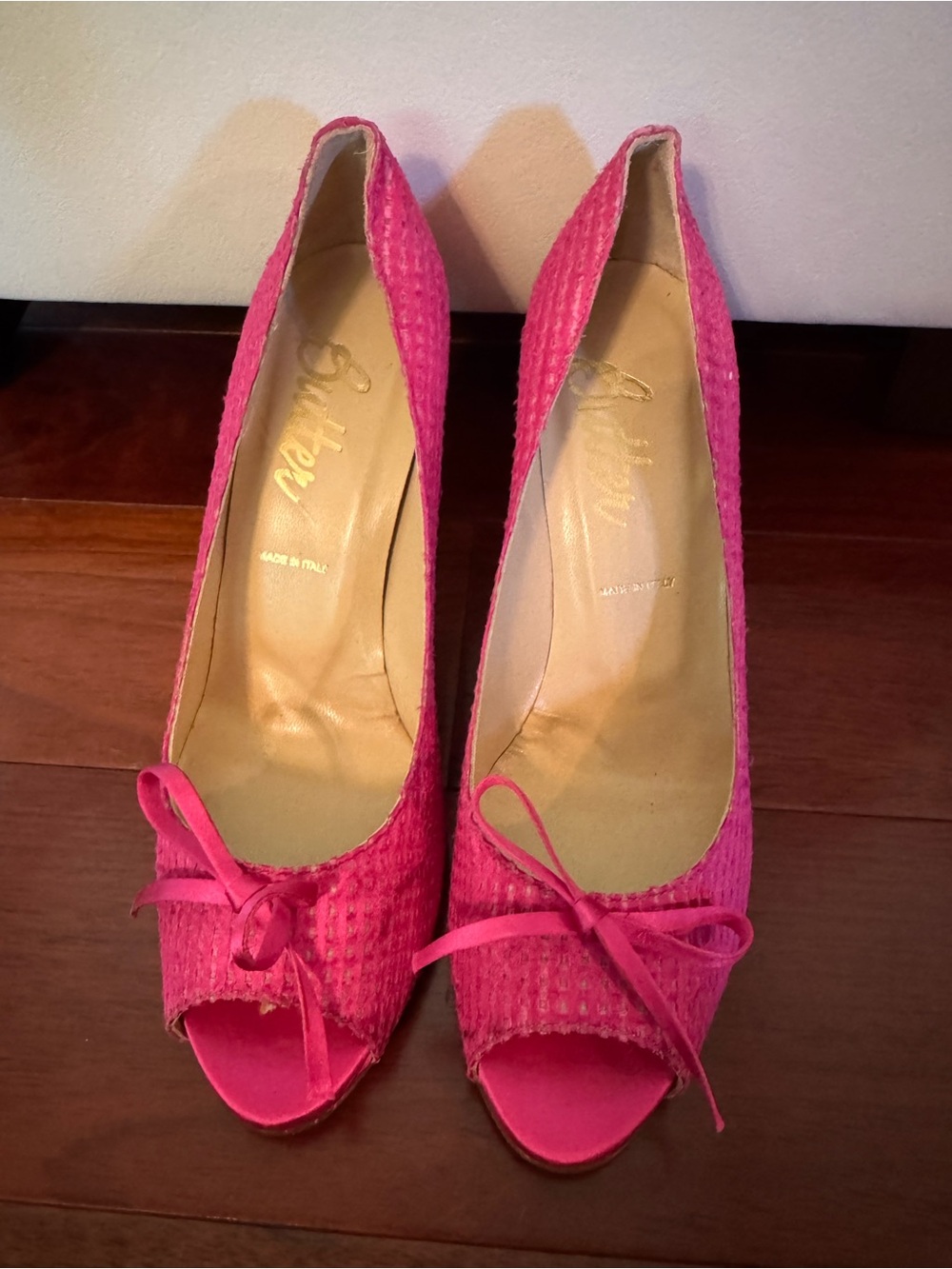Butter Bright Pink Women's Peep-Toe Pumps with Bow, Made in Italy